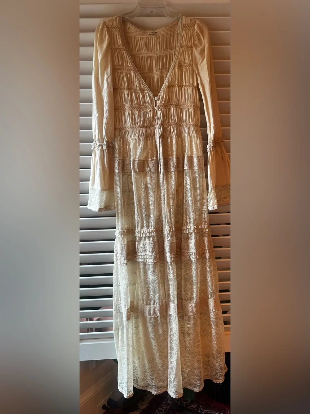 Free People Sheer Lace Tiered Maxi bodysuit duster in Beige. New no tags